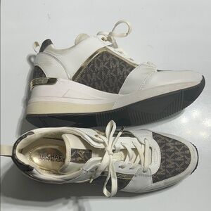 Michael Kors Georgie Metallic Logo Leather Wedge Sneaker Optic White Multi 8.5 M
